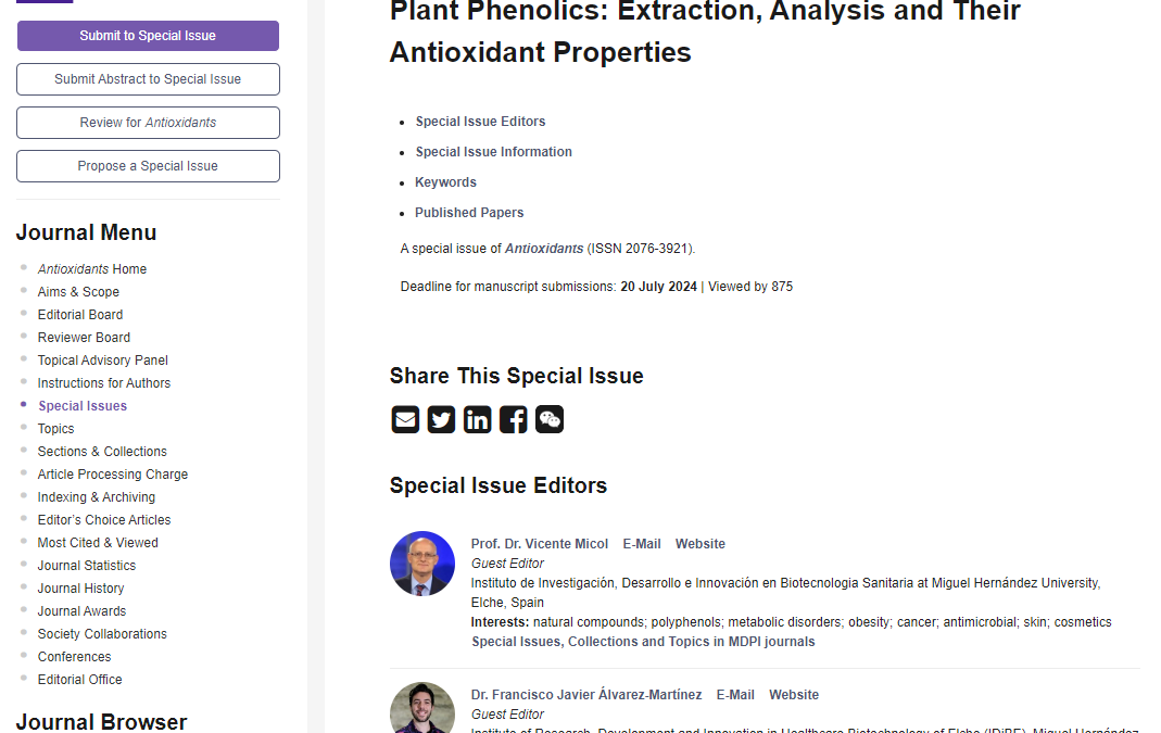 Special issue: Plant Phenolics: Extraction, Analysis and Their Antioxidant Properties